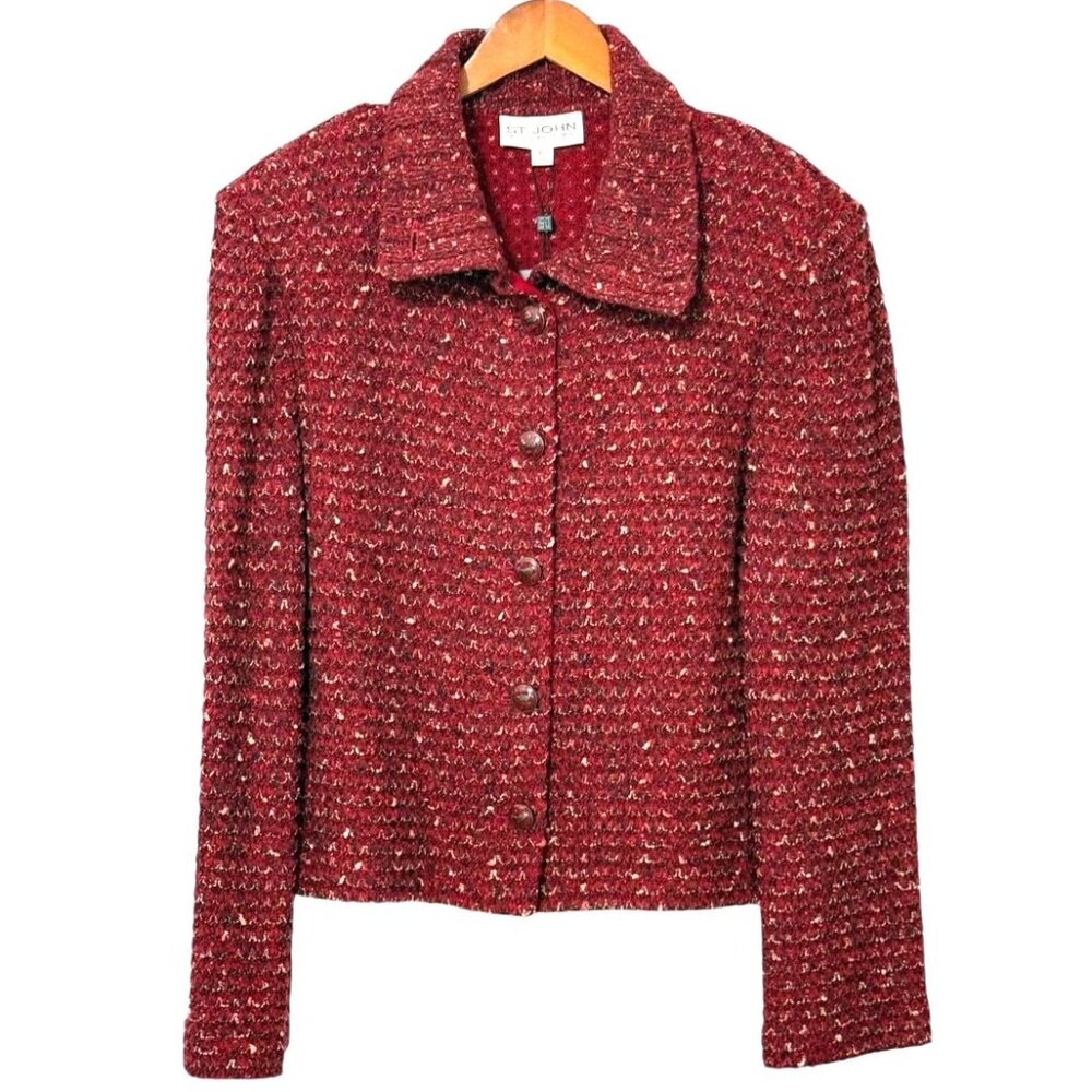 St. John Collection Claret Classic Knit Tweed Boucle Jacket Button Down Size XL - Picture 1 of 12